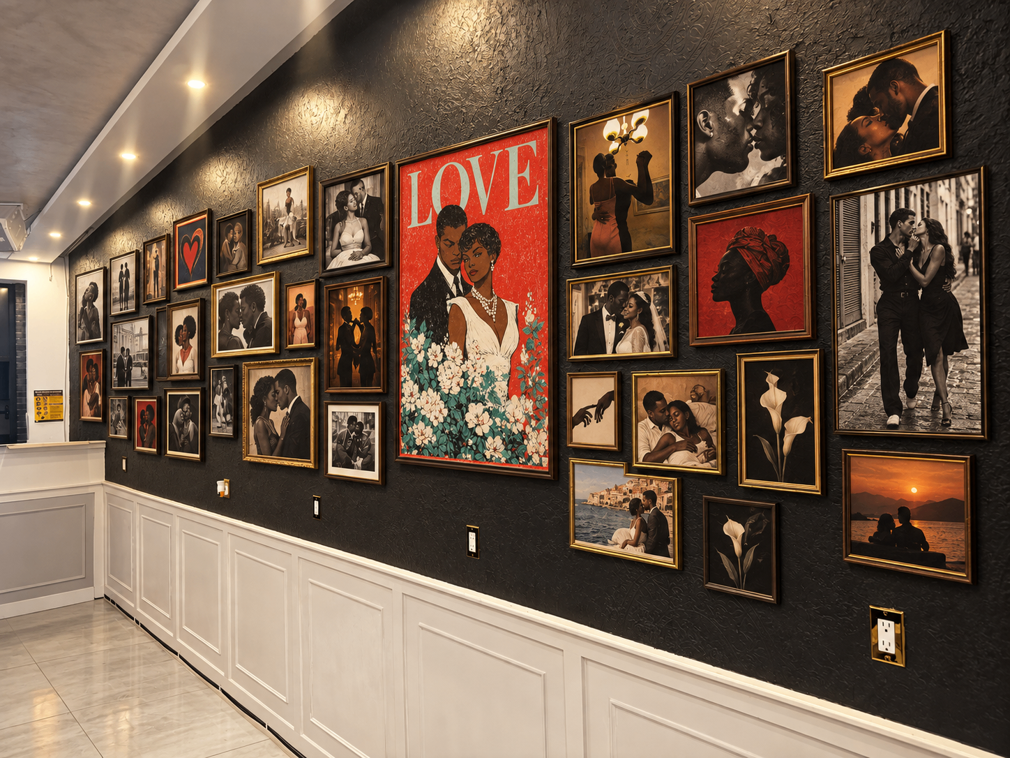 The Love Wall at Love Story Brooklyn — a black textured wall covered in gold-framed romantic portraits and artwork