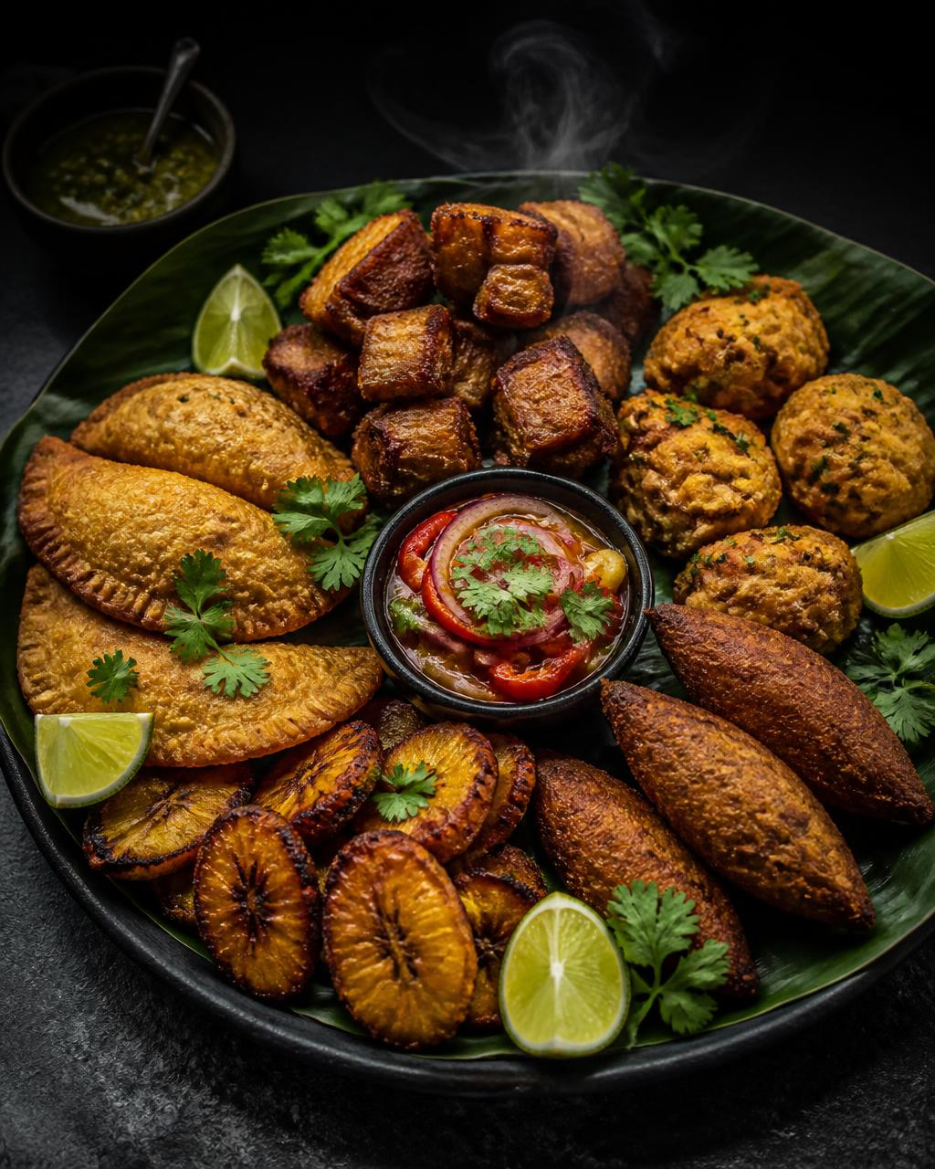 La Isla Platter — carne frita, empanadas, tostones, bacalaítos, and alcapurrias at Love Story Brooklyn
