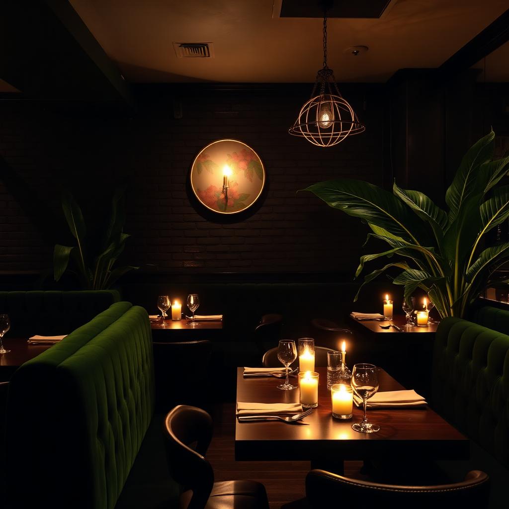 Candlelit dining room at Love Story Brooklyn — dark green velvet booths, black brick walls, and tropical plants